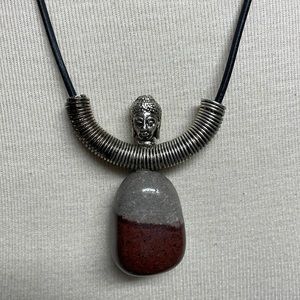 Buddha Shiva Lingam Stone Silver Colored Cord Necklace